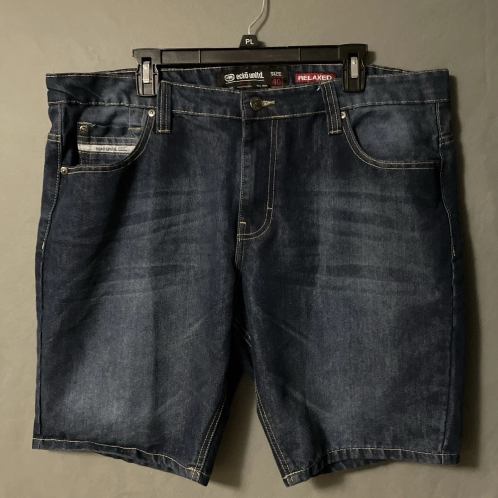 Ecko Unltd Shorts Mens 40 Blue Jean Raw Denim Flat Front Jorts Hip Hop Urban